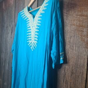 Boho Vintage Hours Aegean Turquoise Gold Moroccan Embroidered Kaftan Maxi Dress